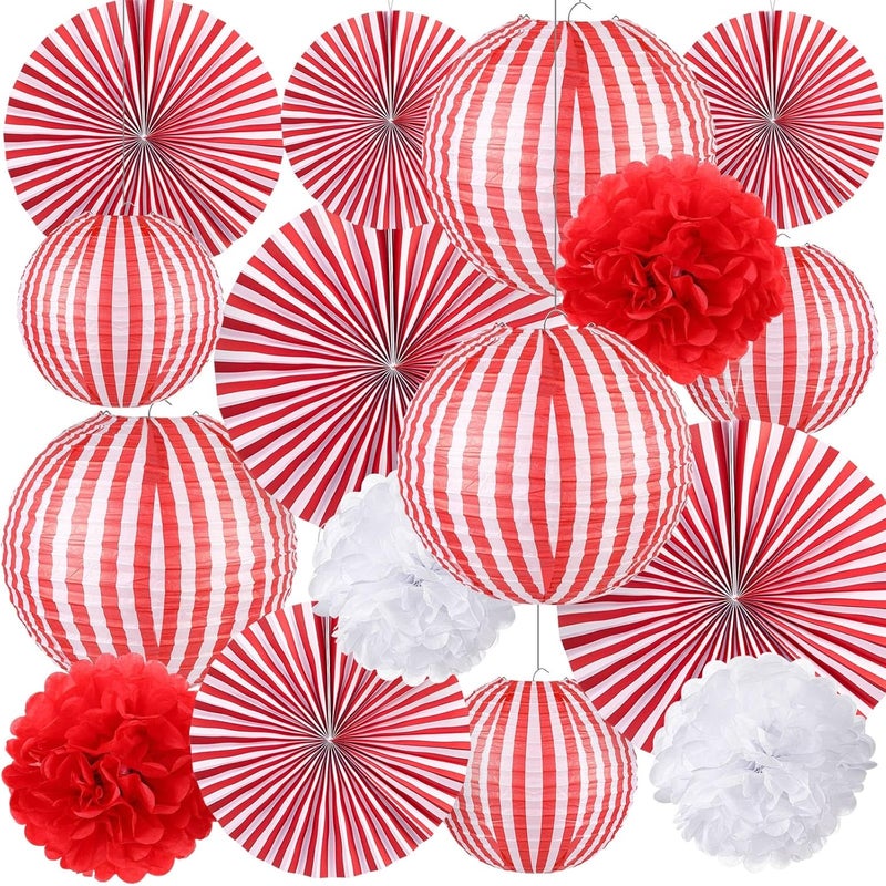 Hortsun 16 Pcs Carnival Circus Party Decorations Red and White Stripes Paper Lanterns Fans Paper Flowers for Carnival Circus Birthday Baby Shower Christmas Halloween Decoration 81216 Inch - Image 1