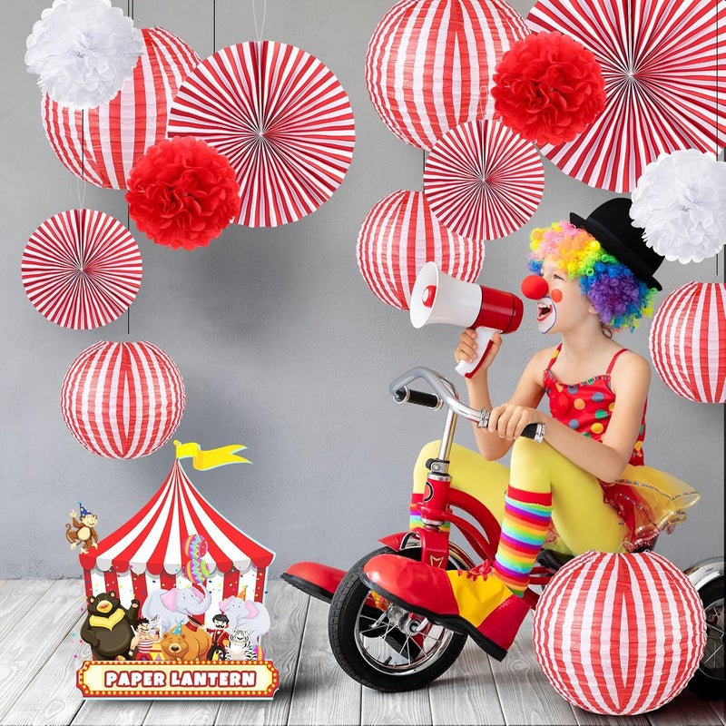 Hortsun 16 Pcs Carnival Circus Party Decorations Red and White Stripes Paper Lanterns Fans Paper Flowers for Carnival Circus Birthday Baby Shower Christmas Halloween Decoration 81216 Inch - Image 5