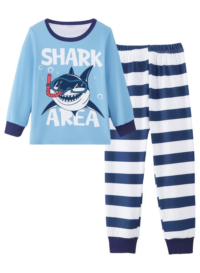 Mikrdoo Pajamas Set 2 Piece Long Sleeve Tops & Pants Cute Jammies, Blue Striped Shark, 4T - Image 1
