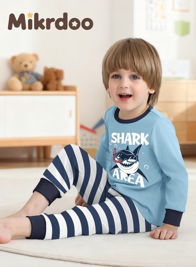 Mikrdoo Pajamas Set 2 Piece Long Sleeve Tops & Pants Cute Jammies, Blue Striped Shark, 4T - Image 2