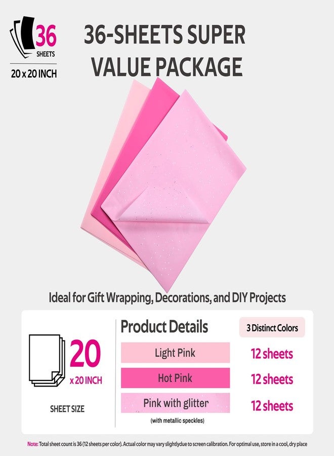 SUNCOLOR Pink Tissue Paper Set, 36 Sheets Glitter and Solid Pink Gift Wrapping Paper, 20 x 20 Inch, 3 Assorted Shades for Crafts, Parties, Wedding Decorations - Image 2