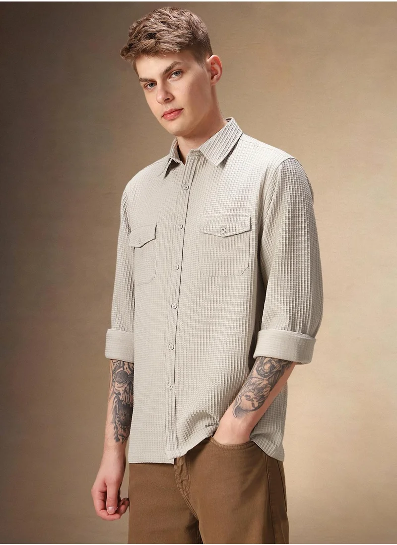 دينيس لينغو Men's Beige Cotton Blend Textured Shirt