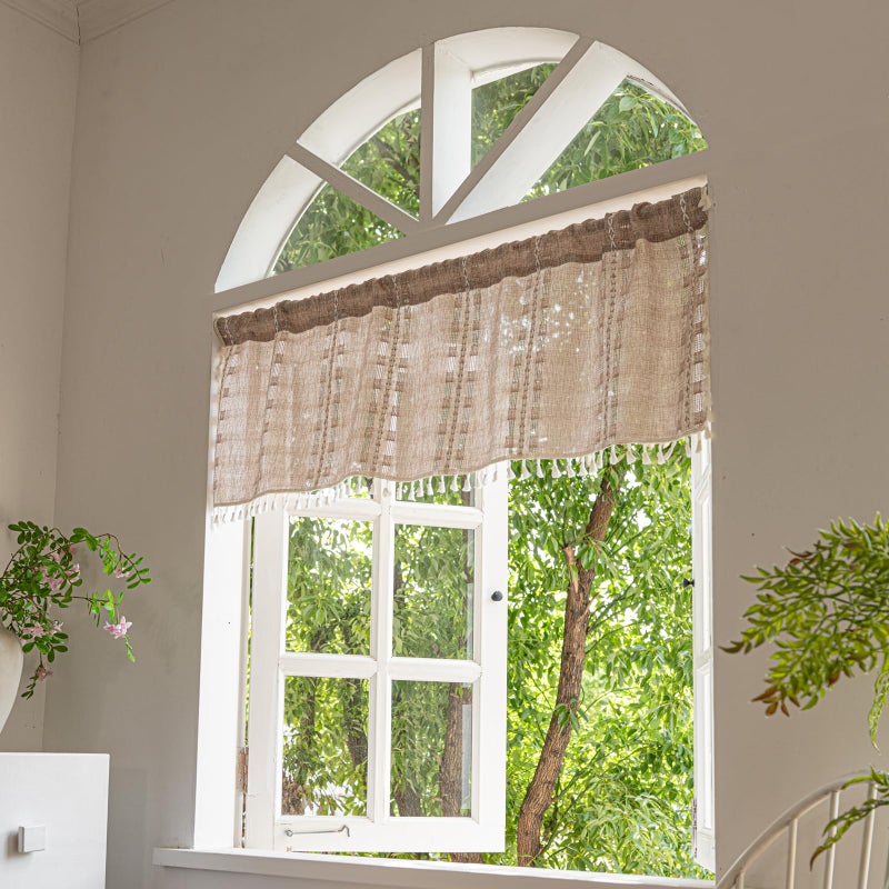 Deeprove Boho Valance Kitchen Short Curtain with Tassel, Textured Striped Drape Tier Embroidered Shabby Chic Linen Coffee Window Treatment for Cafe Closet, W52 x L18 inch Rod Pocket 1 Panel Natural - Image 1