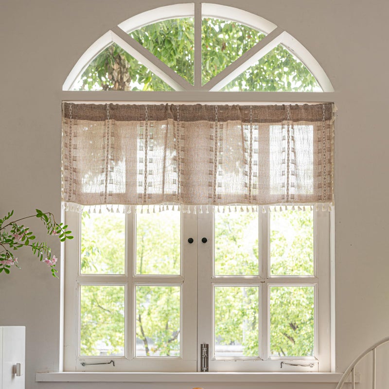 Deeprove Boho Valance Kitchen Short Curtain with Tassel, Textured Striped Drape Tier Embroidered Shabby Chic Linen Coffee Window Treatment for Cafe Closet, W52 x L18 inch Rod Pocket 1 Panel Natural - Image 2