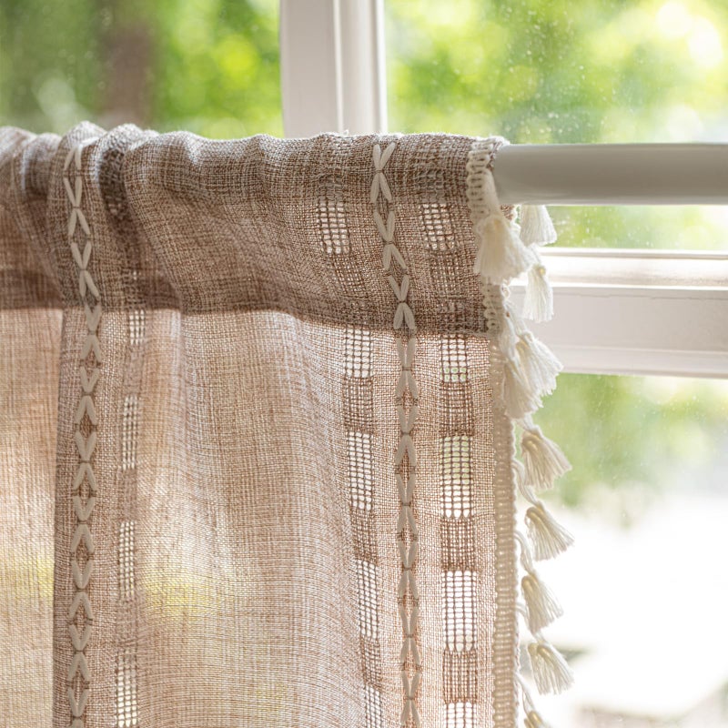 Deeprove Boho Valance Kitchen Short Curtain with Tassel, Textured Striped Drape Tier Embroidered Shabby Chic Linen Coffee Window Treatment for Cafe Closet, W52 x L18 inch Rod Pocket 1 Panel Natural - Image 3