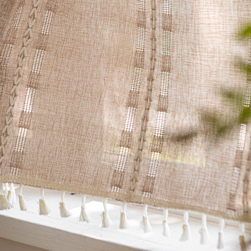Deeprove Boho Valance Kitchen Short Curtain with Tassel, Textured Striped Drape Tier Embroidered Shabby Chic Linen Coffee Window Treatment for Cafe Closet, W52 x L18 inch Rod Pocket 1 Panel Natural - Image 5