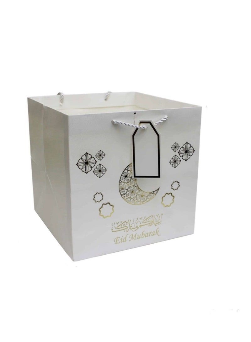 PARTY FUN Eid Mubarak Gift Bag – white Paper Gift Bag with Gold Crescent Moon Design & Rope Handle, Islamic Eid Gift Packaging Bag 25×25×25 cm - 12 pcs - Image 1
