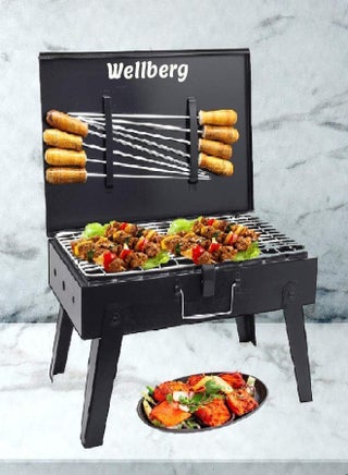 Wellberg Briefcase Bbq Charcoal Barbeque Large Size , Color Black 1 Bbq, 1 Grill, 8 Skewers, 1 Tong | Picnic/Outdoor Parties/Roasting, Grilling Food