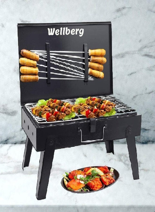AKDC Wellberg Briefcase Bbq Charcoal Barbeque Large Size , Color Black 1 Bbq, 1 Grill, 8 Skewers, 1 Tong | Picnic/Outdoor Parties/Roasting, Grilling Food - Image 1