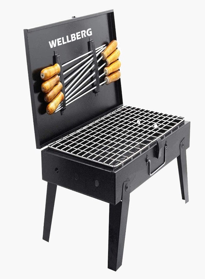 AKDC Wellberg Briefcase Bbq Charcoal Barbeque Large Size , Color Black 1 Bbq, 1 Grill, 8 Skewers, 1 Tong | Picnic/Outdoor Parties/Roasting, Grilling Food - Image 3