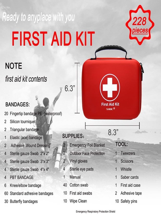 SHBC Compact First Aid Kit (228pcs) Designed for Family Emergency Care. Waterproof EVA Case and Bag is Ideal for The Car, Home, Boat, School, Camping, Hiking, Office, Sports. Protect Your Loved Ones. Red - Image 2