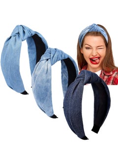 Giegxin Giegxin 3 Pieces Jean Denim Headband Knot Headband for Women Hair Band Elastic Knotted Blue Headbands Hair Accessories Headwear for Women 3 Colors 