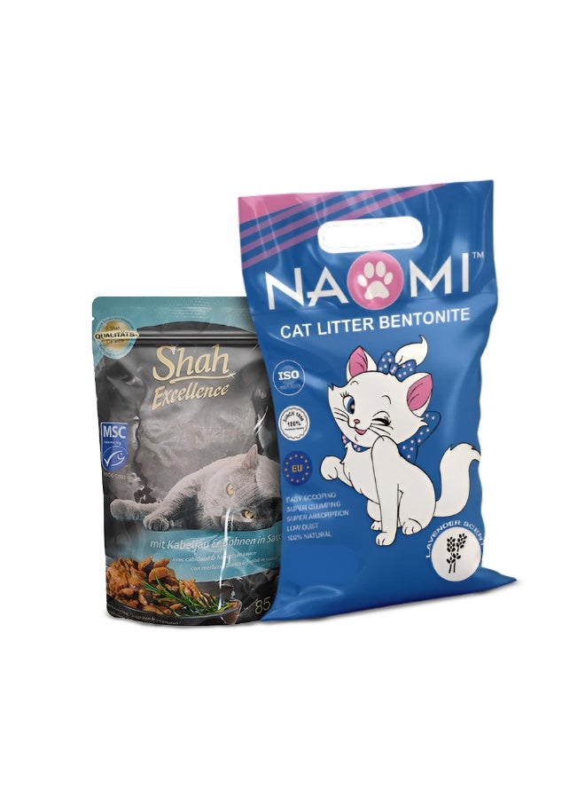 شاه طعام القطط شاه في صوص 85 جم + رمل القطط ناومي برائحة اللافندر 10 لتر – باقة مميزة - Image 4