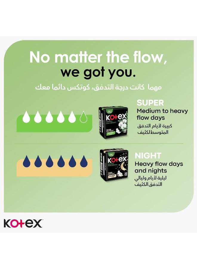 Kotex Natural Maxi Protect Thick Pads, 100% Cotton Pad, Super Size with Wings, 50 Sanitary Pads
