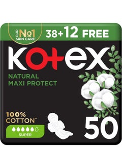 Kotex Kotex Natural Maxi Protect Thick Pads, 100% Cotton Pad, Super Size with Wings, 50 Sanitary Pads  - Image 1