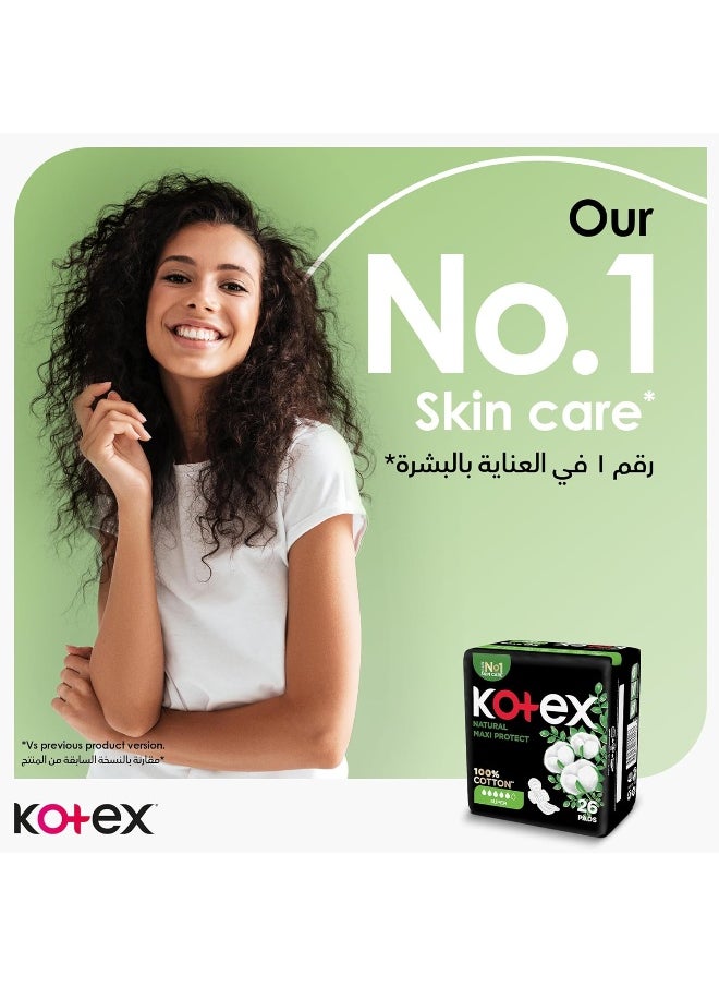 Kotex Natural Maxi Protect Thick Pads, 100% Cotton Pad, Super Size with Wings, 50 Sanitary Pads