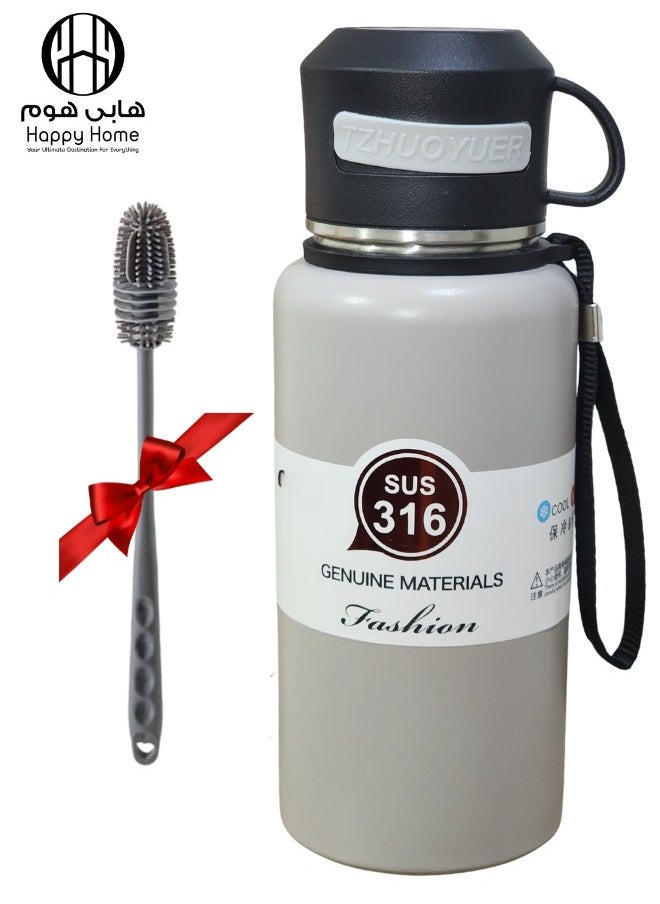 Happy Home - Stainless Steel Thermos Flask with Tea Infuser and Mug to Keep Hot Drinks for 12 Hours and Cold Drinks for 6 Hours 800ml with Brush - Grey - Image 1