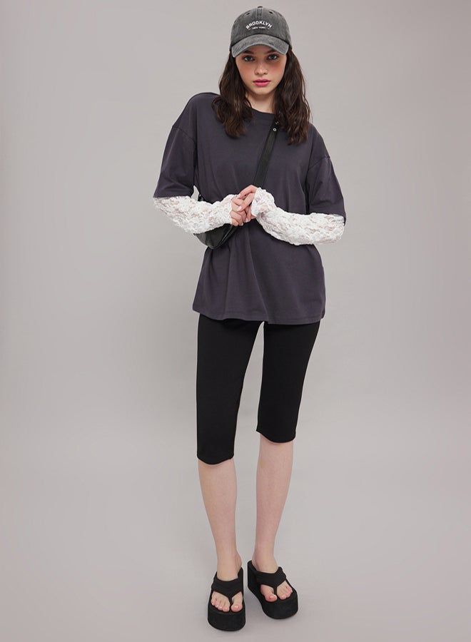 trendyol Anthracite Lace Detailed Oversize/Wide Pattern Knitted T-Shirt - Image 2