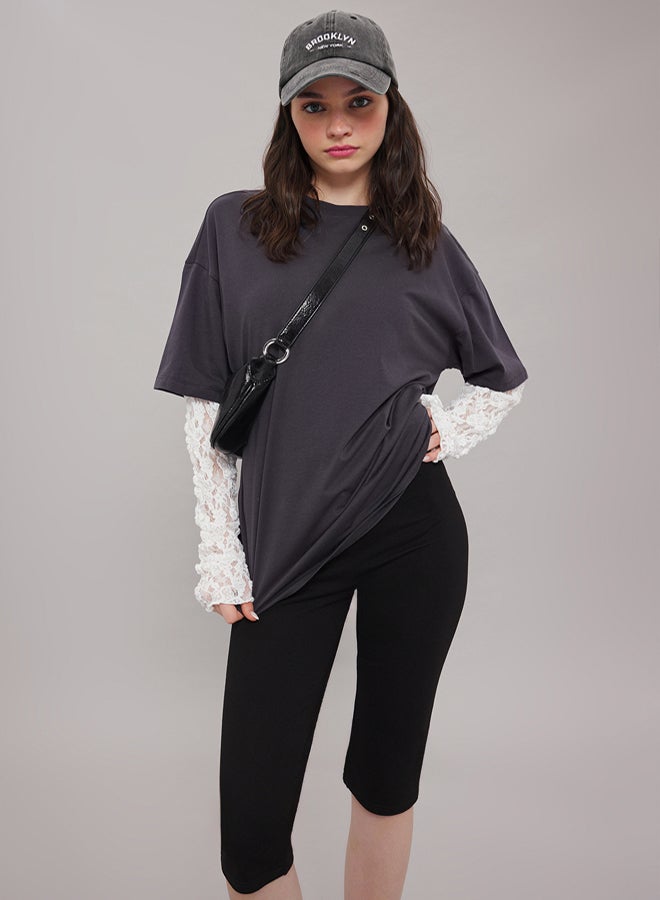 trendyol Anthracite Lace Detailed Oversize/Wide Pattern Knitted T-Shirt - Image 1