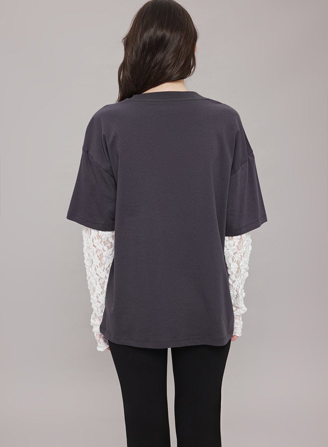 trendyol Anthracite Lace Detailed Oversize/Wide Pattern Knitted T-Shirt - Image 4