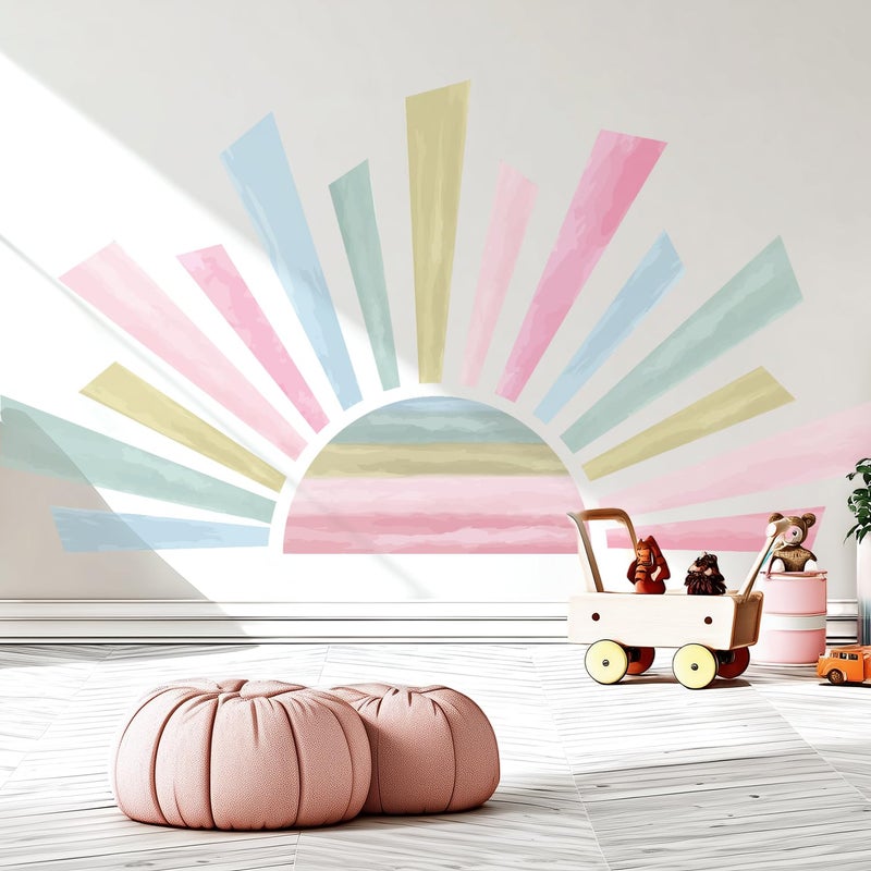Kingarch Large Boho Half Sun Wall Decals, Sunshine Peel and Stick Fabric Nursery Wall Decor, Removable Home Room Decor Murals Stickers for Kids Girls Toddler Bedroom Living Room Playroom - Image 1