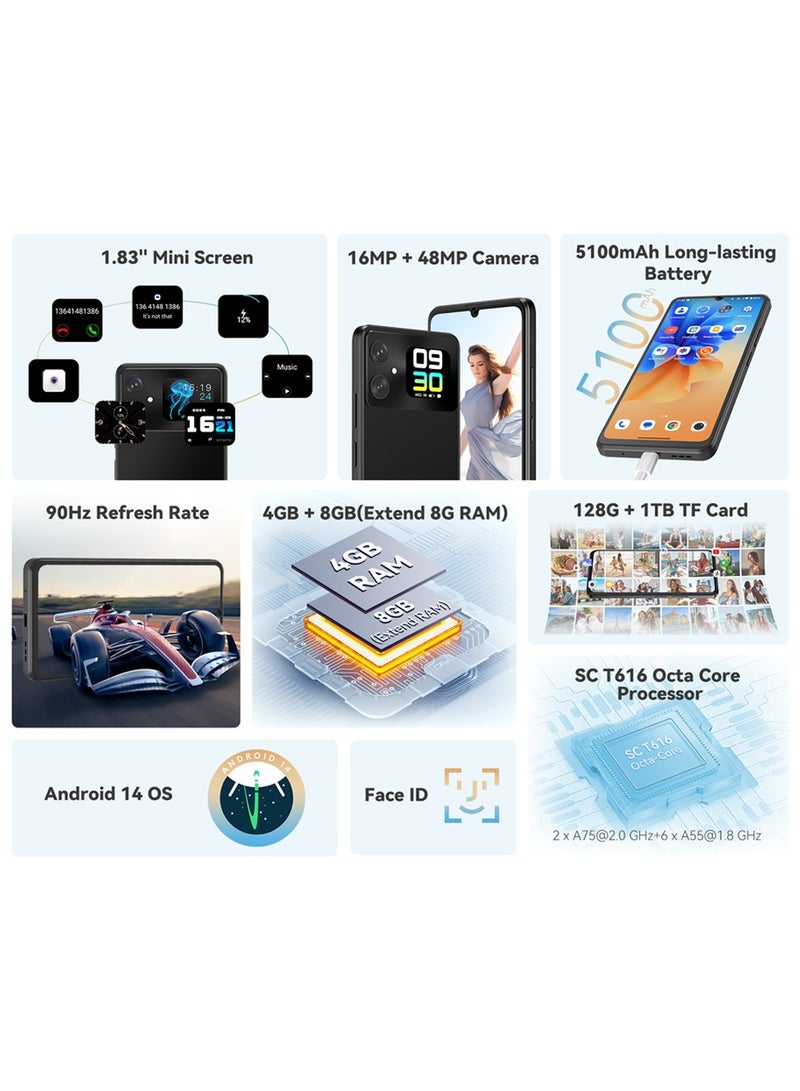 Cubot - A20 Smart Phone 6.745" HD+ Front/1.83" Rear Screen 90Hz Android 14 5100mAh Battery 4GB RAM 128GB ROM/1TB Octa Core 48MP Main Camera 4G Dual SIM Face ID/GPS-Black - Image 1