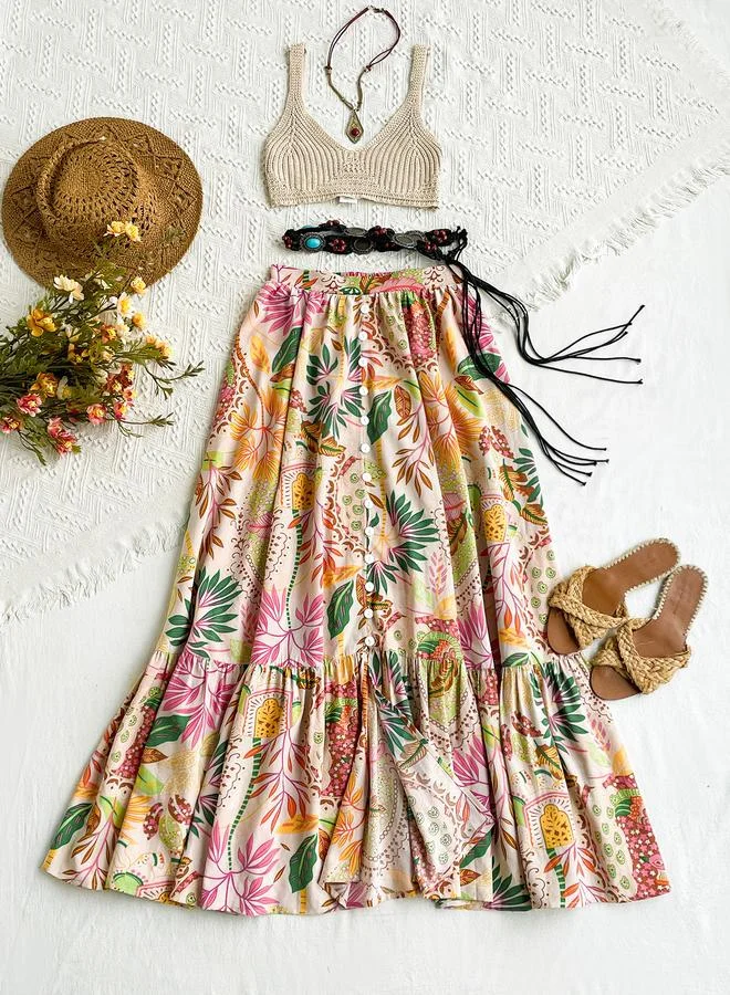 Take Two Take Two All-Over Floral Print Buttoned Maxi Skirt