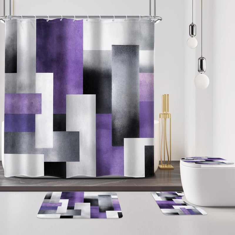 Riyidecor 4PCs Abstract Purple Grey Shower Curtain Bathroom Set with Non-Slip Rugs, Toilet Lid Cover and Bath Mat Geometric Color Blocks Waterproof 12 Pack Hooks 72x72 inch Simple Shower Curtain Decor - Image 1