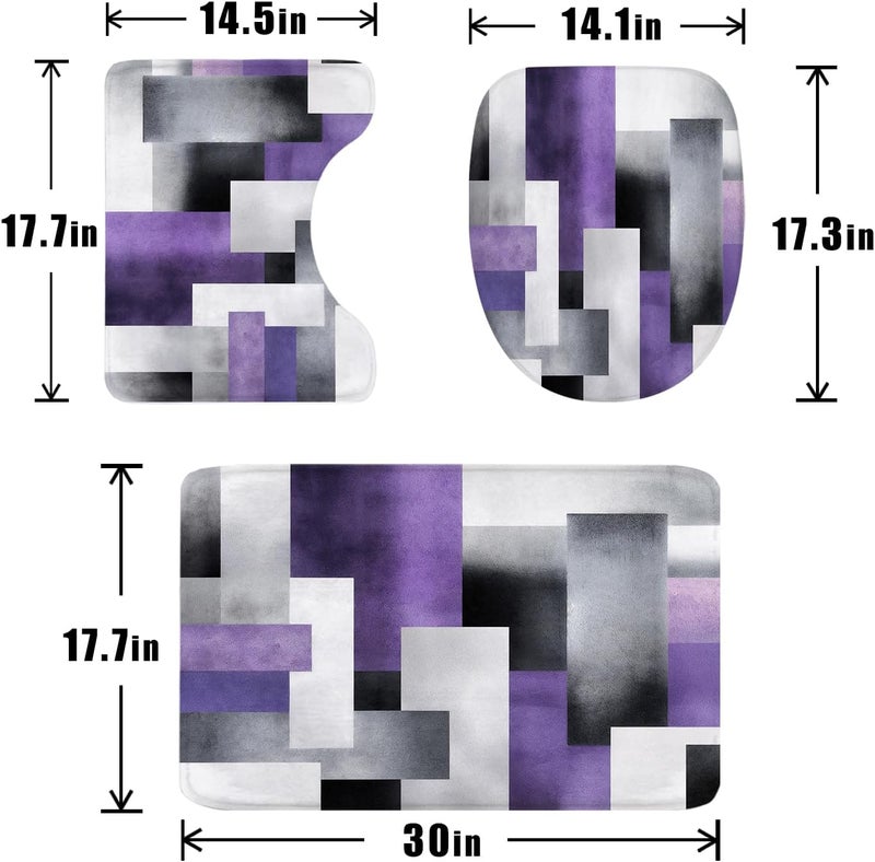 Riyidecor 4PCs Abstract Purple Grey Shower Curtain Bathroom Set with Non-Slip Rugs, Toilet Lid Cover and Bath Mat Geometric Color Blocks Waterproof 12 Pack Hooks 72x72 inch Simple Shower Curtain Decor - Image 4