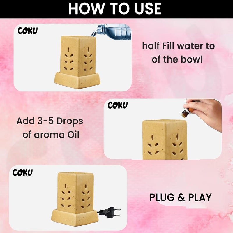 coku Coku Square Pillar Ceramic Aroma Burner Electic Essential Oil Warmer Lamp Aromatherapy Diffuser for Home Oil Burners with 10 ml Fragrance Oil Combo with Lemon Grass Fragrance  - Image 4