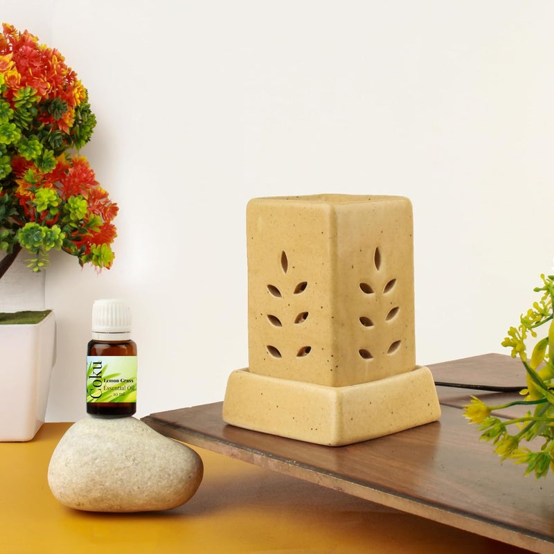 coku Coku Square Pillar Ceramic Aroma Burner Electic Essential Oil Warmer Lamp Aromatherapy Diffuser for Home Oil Burners with 10 ml Fragrance Oil Combo with Lemon Grass Fragrance  - Image 1