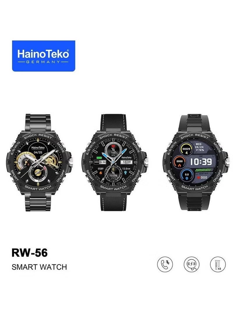 Haino Teko - RW56 Smartwatch with 1.3-Inch Round AMOLED Display, Wireless Charging, 3 Interchangeable Straps, Fitness and Heart Rate Tracking, Smart Notifications, Stylish and Durable Design – Ideal for Men and Boys (Black) - Image 1
