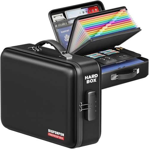 BigPonPon Fireproof Document Box Hard Case Highly FlameResistant Fire Proof Waterproof File Organizer with Lock Portable Fire Safe for Important Documents Valuables Storage Black 15115 - Image 1