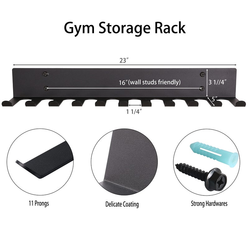 Lovind Multi-Purpose Gym Equipment Storage Rack Resistance Bands Storage Hanger Barbell Rack Heavy Duty Gym Rack for Exercise Bands, Lifting Belts and Jump Ropes (23" / 11 prongs) - Image 2