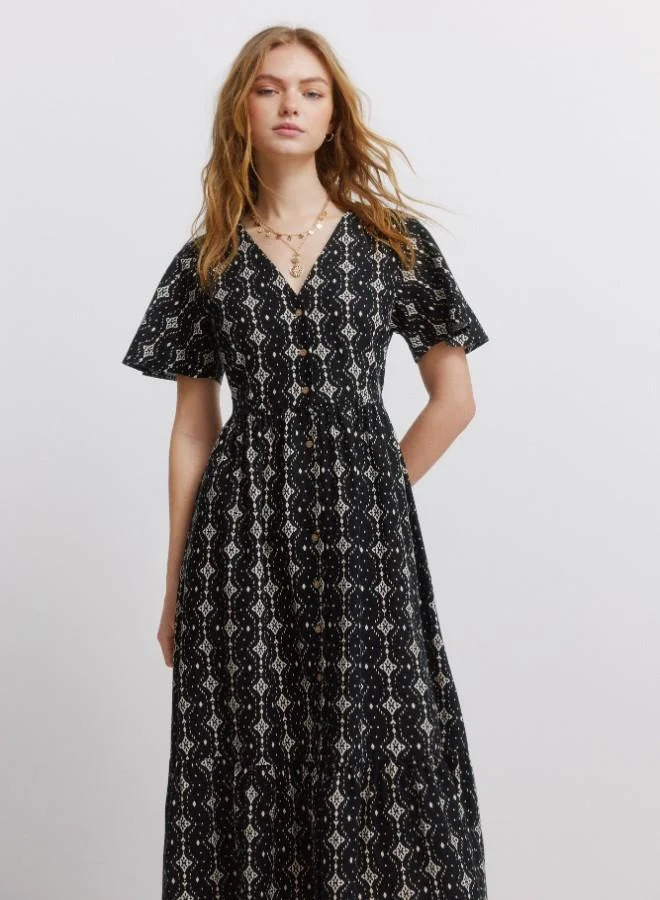 Springfield  Printed short sleeve shirt collar V-neck front button flared skirt midi dress for Women | Best Price UAE