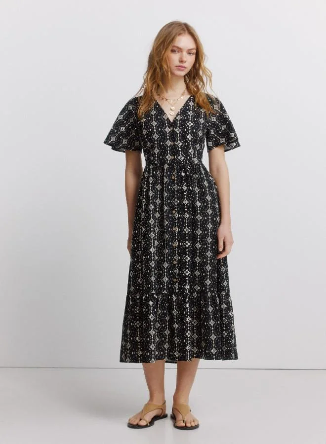 Printed short sleeve shirt collar V-neck front button flared skirt midi dress
