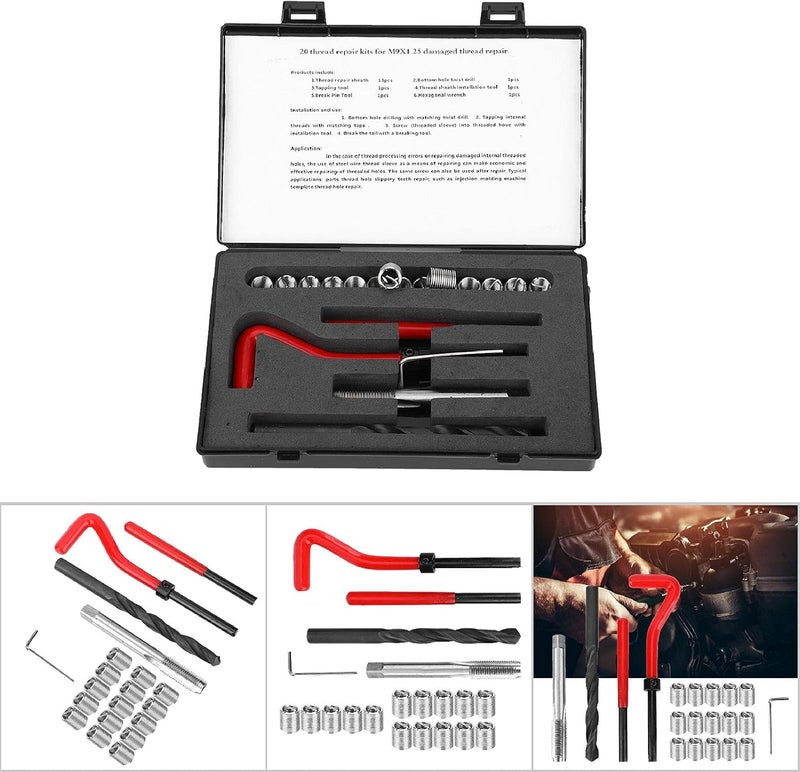 M9x1.25 Thread Repair Kit, 20 Pcs Stainless Steel Thread Inserts, Female Thread Repairing Accessory Assortment Kit with Spiral Drill, Screw Tap, Wrench, Break Pin Tool, Hex - Image 3