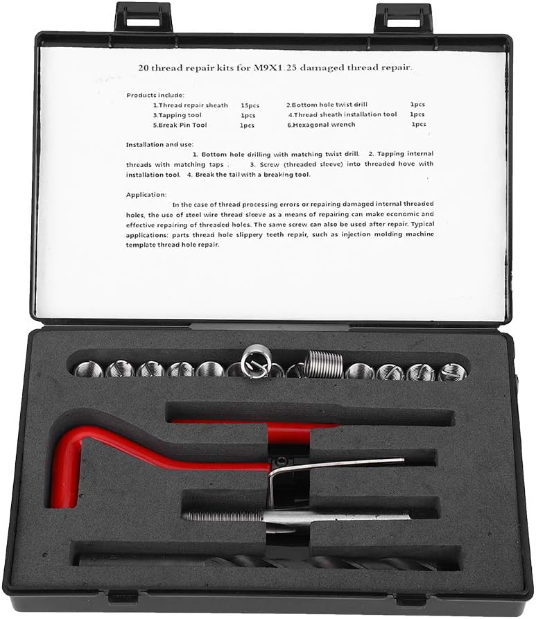 M9x1.25 Thread Repair Kit, 20 Pcs Stainless Steel Thread Inserts, Female Thread Repairing Accessory Assortment Kit with Spiral Drill, Screw Tap, Wrench, Break Pin Tool, Hex - Image 1