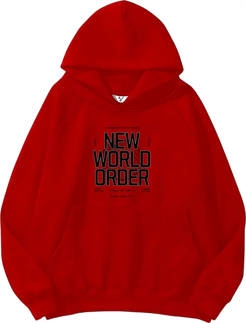 دوغ فش Women, Men's Sweatshirt Oversize New World Order Printed Thick Red Lover Sweatshirt