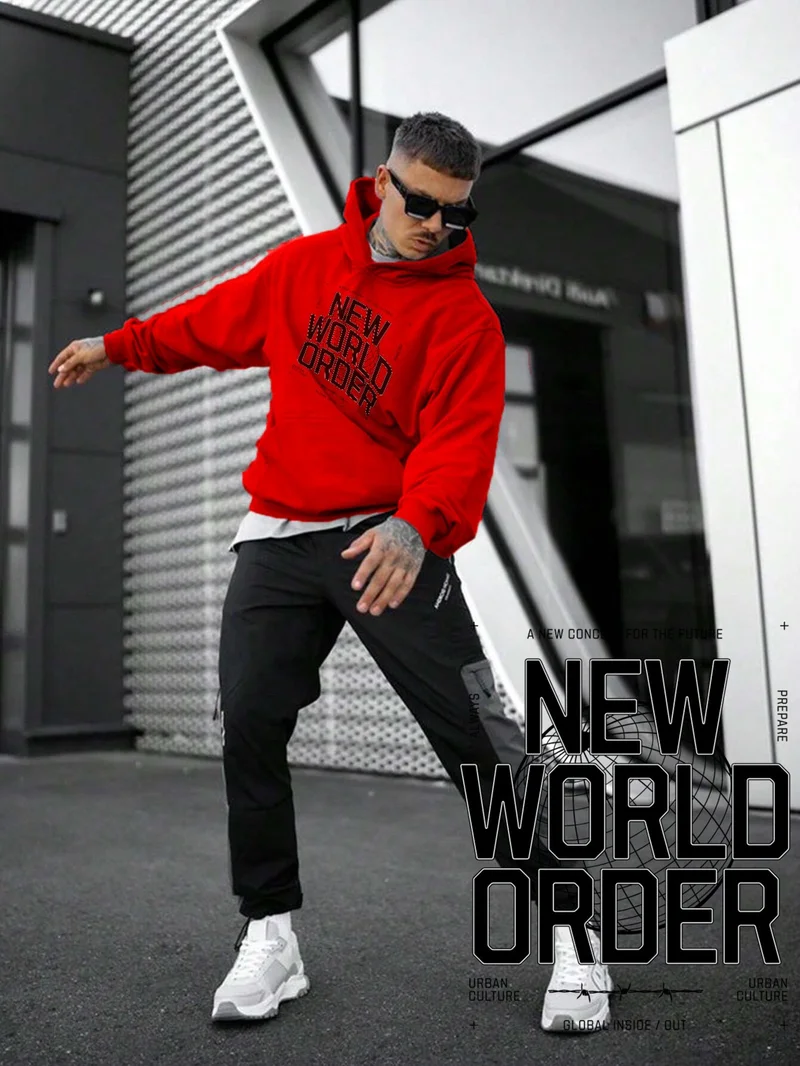 دوغ فش Women, Men's Sweatshirt Oversize New World Order Printed Thick Red Lover Sweatshirt