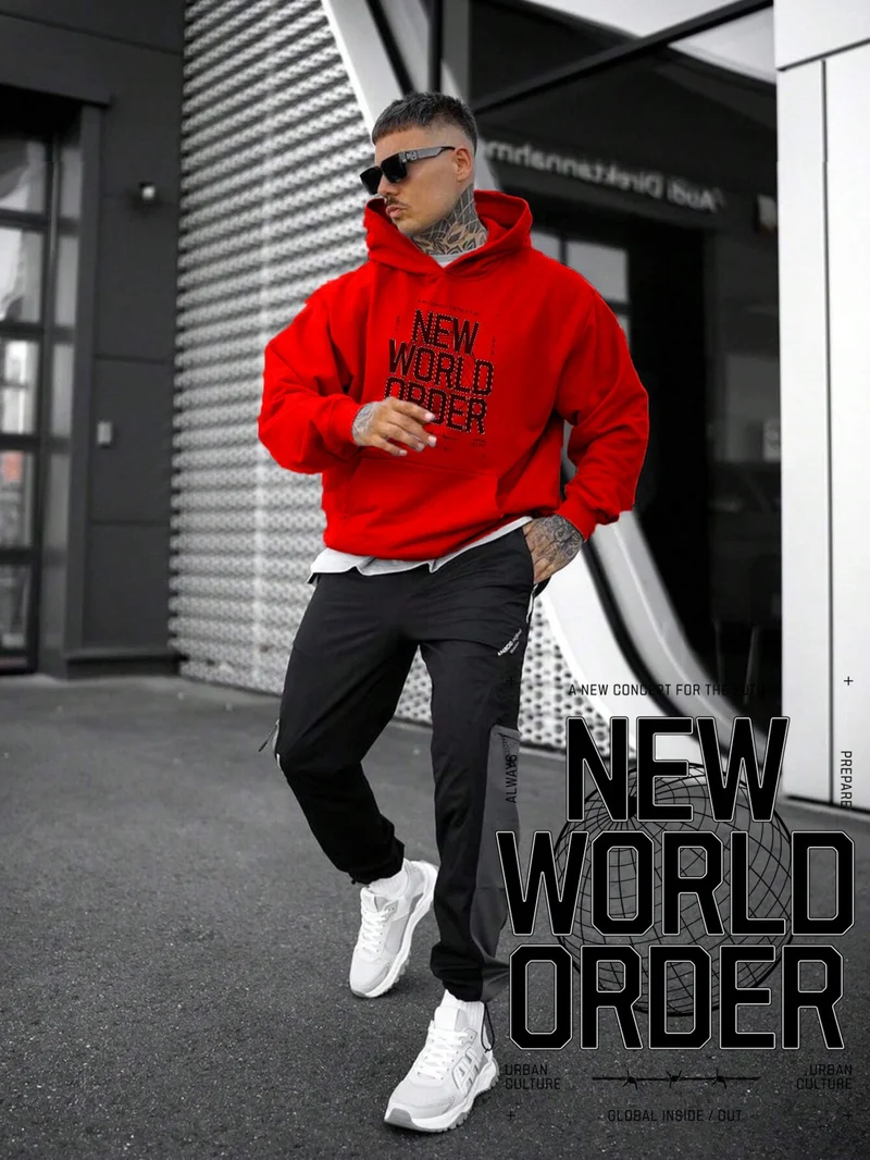دوغ فش Women, Men's Sweatshirt Oversize New World Order Printed Thick Red Lover Sweatshirt