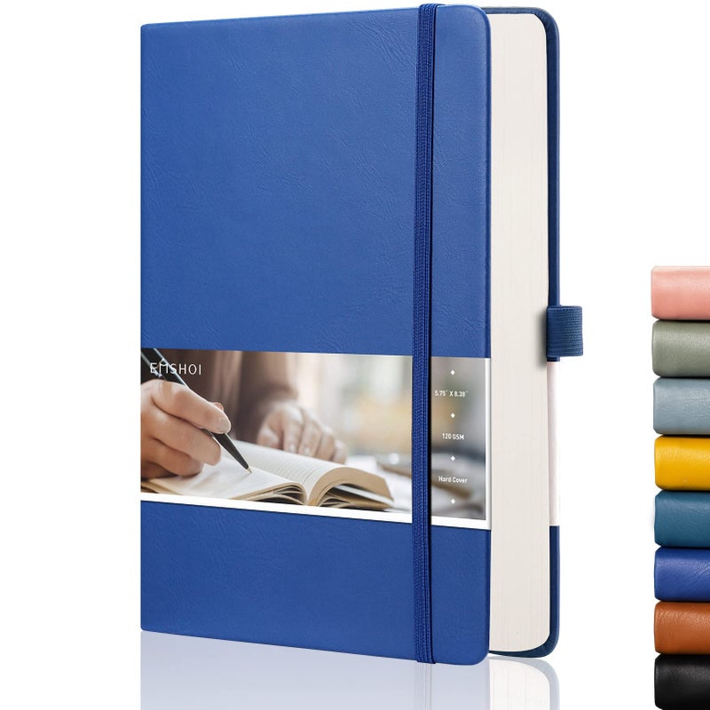 EMSHOI A5 Dotted Journal - 256 Pages with 120gsm Thick Dot Grid Paper, Hardcover Leather Dotted Notebook, 16 Perforated Pages, Pen Loop & Inner Pocket, for Bullet Journaling, 5.75â€ x 8.38â€, Blue - Image 1