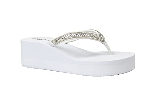REDVOLUTION New Women's Rhinestone Sandals Platform T-Strap Jewel Sandals High Wedge Flip Flops (8, GEM [White]) - Image 1