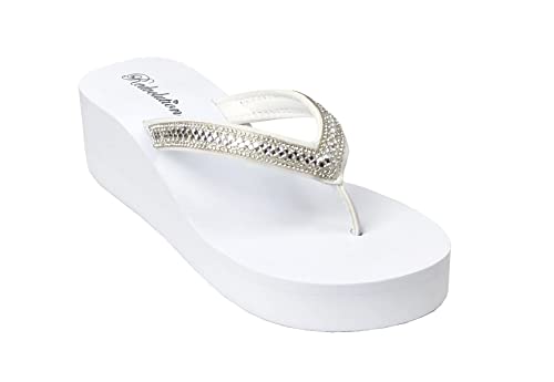 REDVOLUTION New Women's Rhinestone Sandals Platform T-Strap Jewel Sandals High Wedge Flip Flops (8, GEM [White]) - Image 3