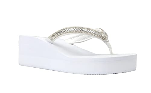 REDVOLUTION New Women's Rhinestone Sandals Platform T-Strap Jewel Sandals High Wedge Flip Flops (8, GEM [White]) - Image 2