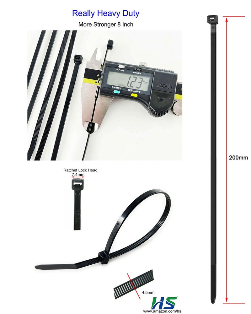 HS Thick Zip Ties 8 Inch x 3/16" (Bulk-500 Count) UV Black Cable Ties 50 Pounds Heavy Duty Self-Locking Strap Ties for Automotive,Outdoor Fence Purpose - Image 2