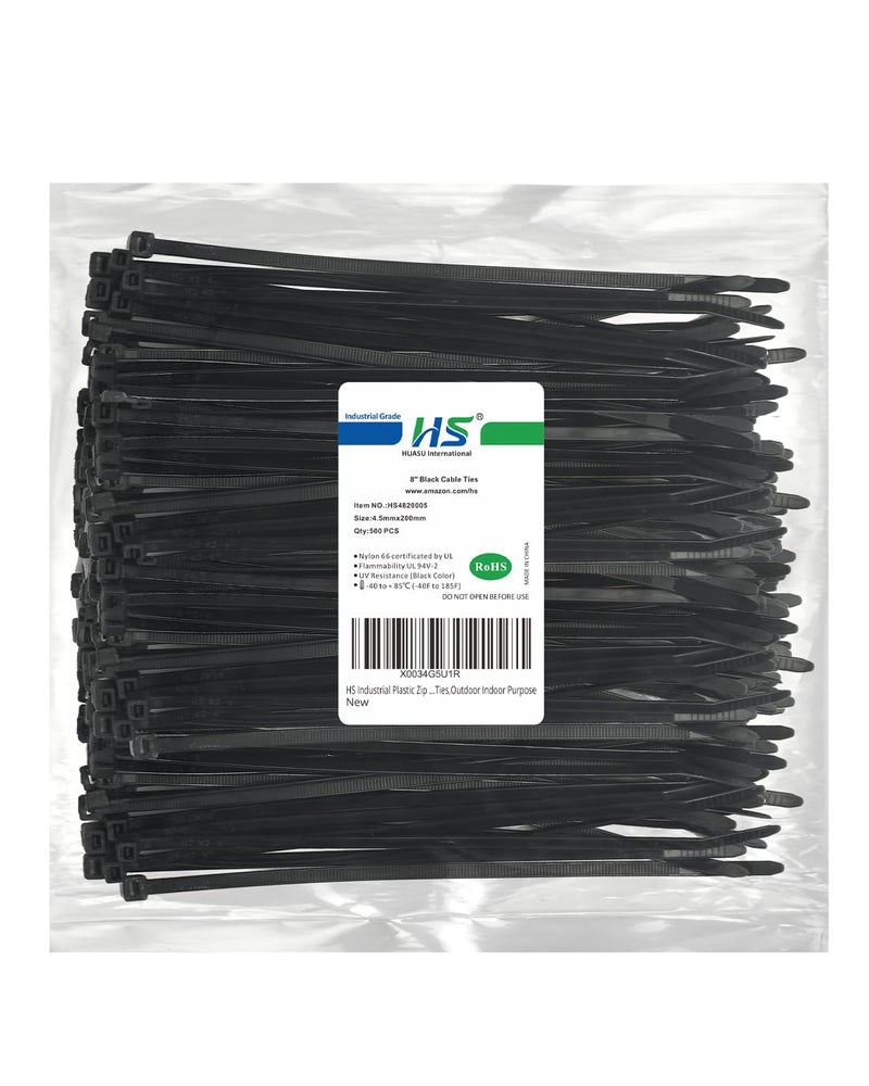 HS Thick Zip Ties 8 Inch x 3/16" (Bulk-500 Count) UV Black Cable Ties 50 Pounds Heavy Duty Self-Locking Strap Ties for Automotive,Outdoor Fence Purpose - Image 1