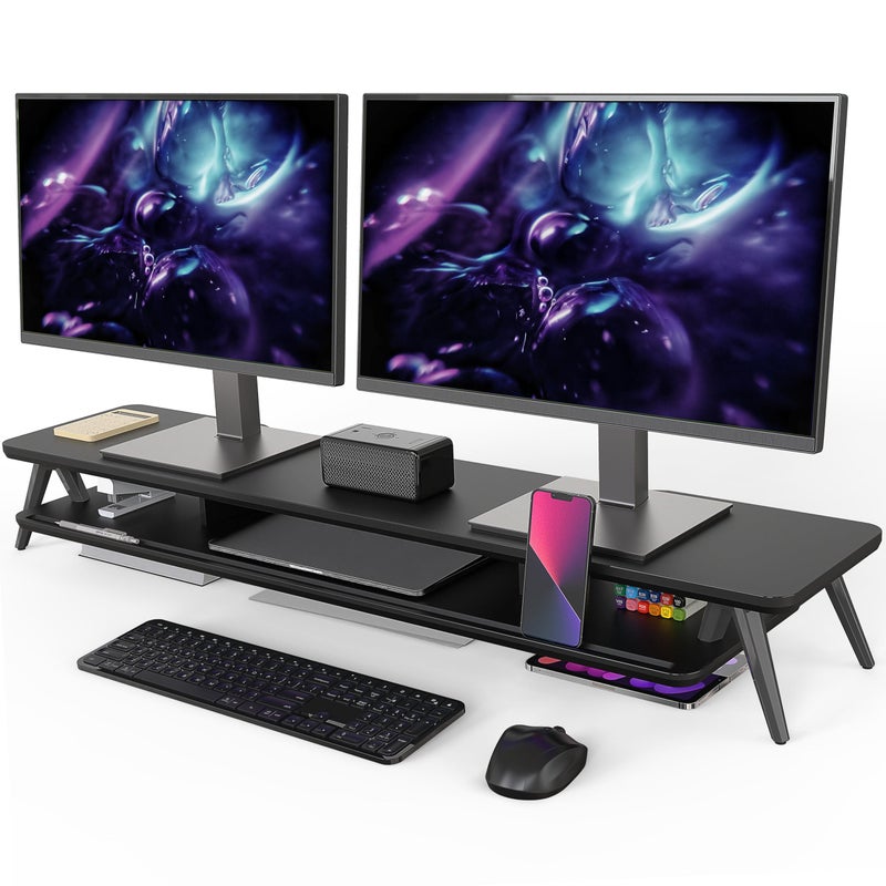 Fenge Dual Monitor Stand, Monitor Stands Riser for 2 monitors, 42.5 Inch Wood Desk Shelf with Storage Organizer and Cable Management for Office Desk Accessories - Image 1
