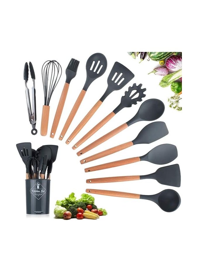 MODANOIR Modanoir 11-Piece Silicone Cooking Utensils Set With Wooden Handles Metal Container, Cookware,Kitchen Utensils,Spatula,Silicone Utensils, Nonstick Cookware, Heat Resistance Black  - Image 1