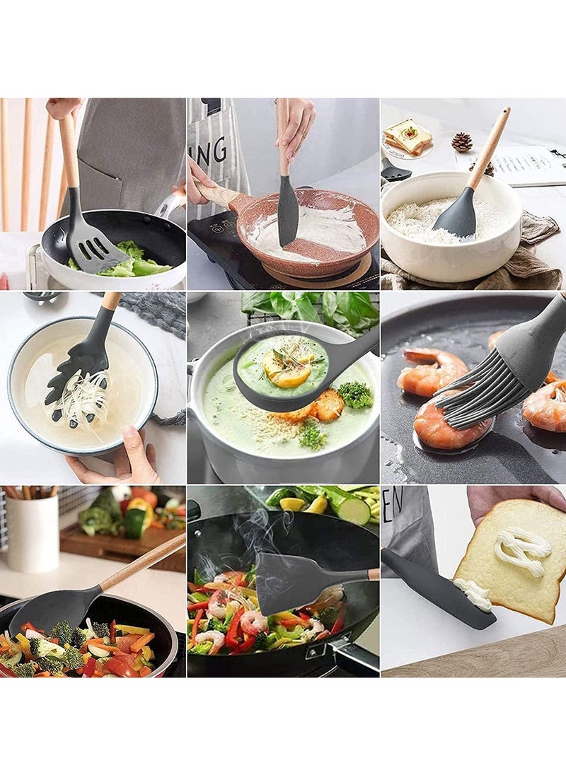 MODANOIR Modanoir 11-Piece Silicone Cooking Utensils Set With Wooden Handles Metal Container, Cookware,Kitchen Utensils,Spatula,Silicone Utensils, Nonstick Cookware, Heat Resistance Black  - Image 2